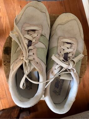 New Balance Beige and Light Green 237 Suede Mesh Sneakers
